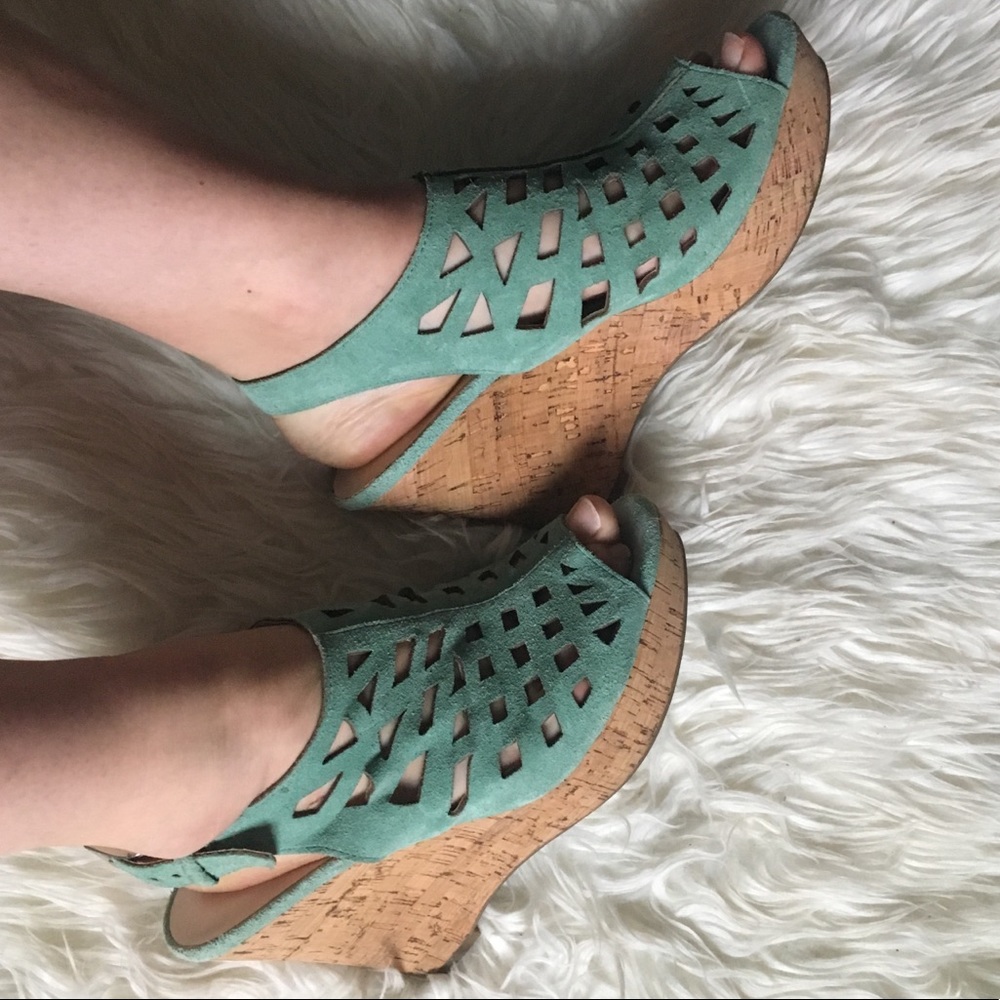Teal leather wedges
